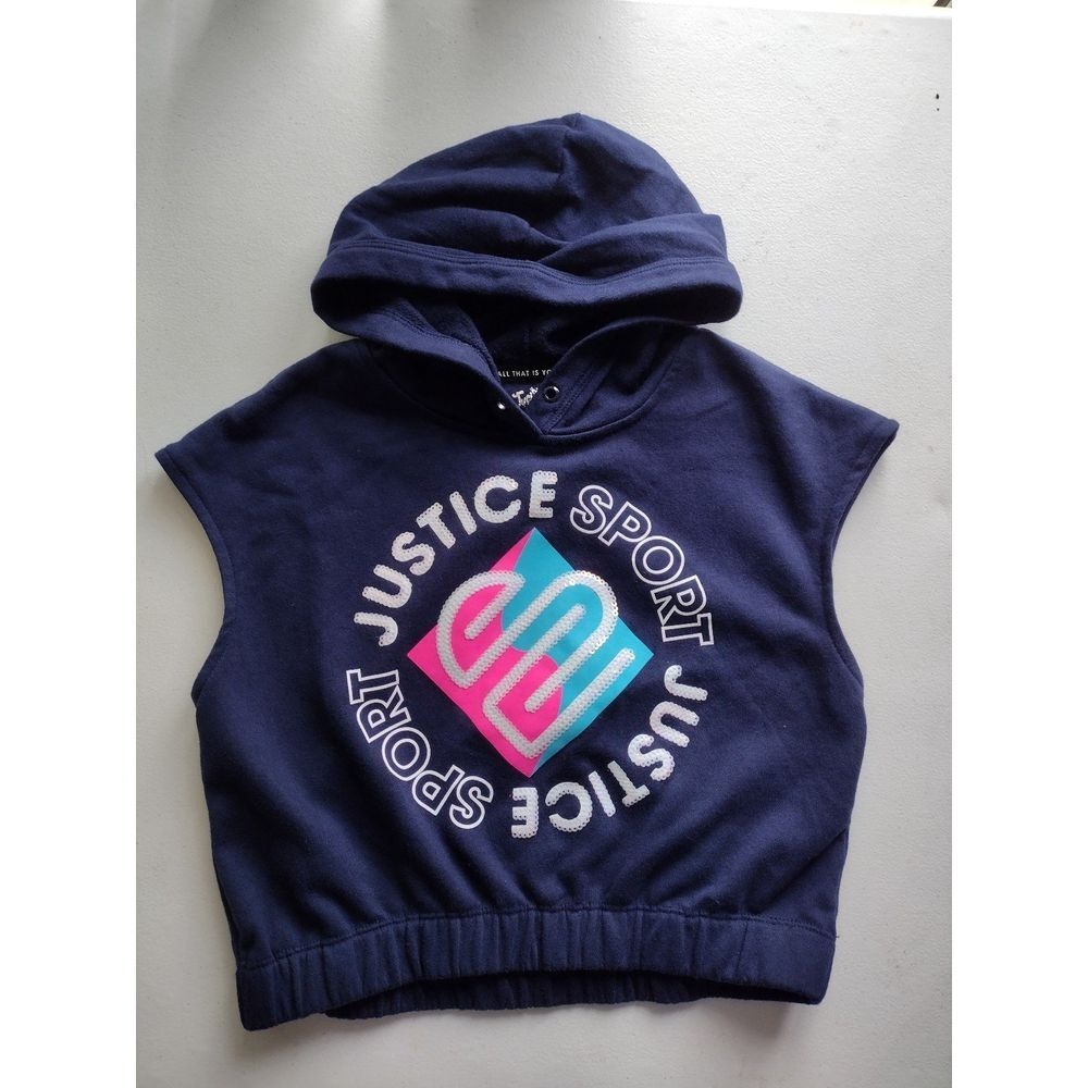 Justice Sport Girls Navy Blue Sleeveless‎ Cropped Hoodie Sequin Logo Size M 10